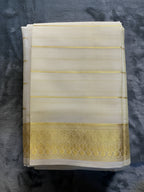 Exquisite Pure Bengaluru Silk Crepe Saree with Gold Border | Polka Dots and Stripes