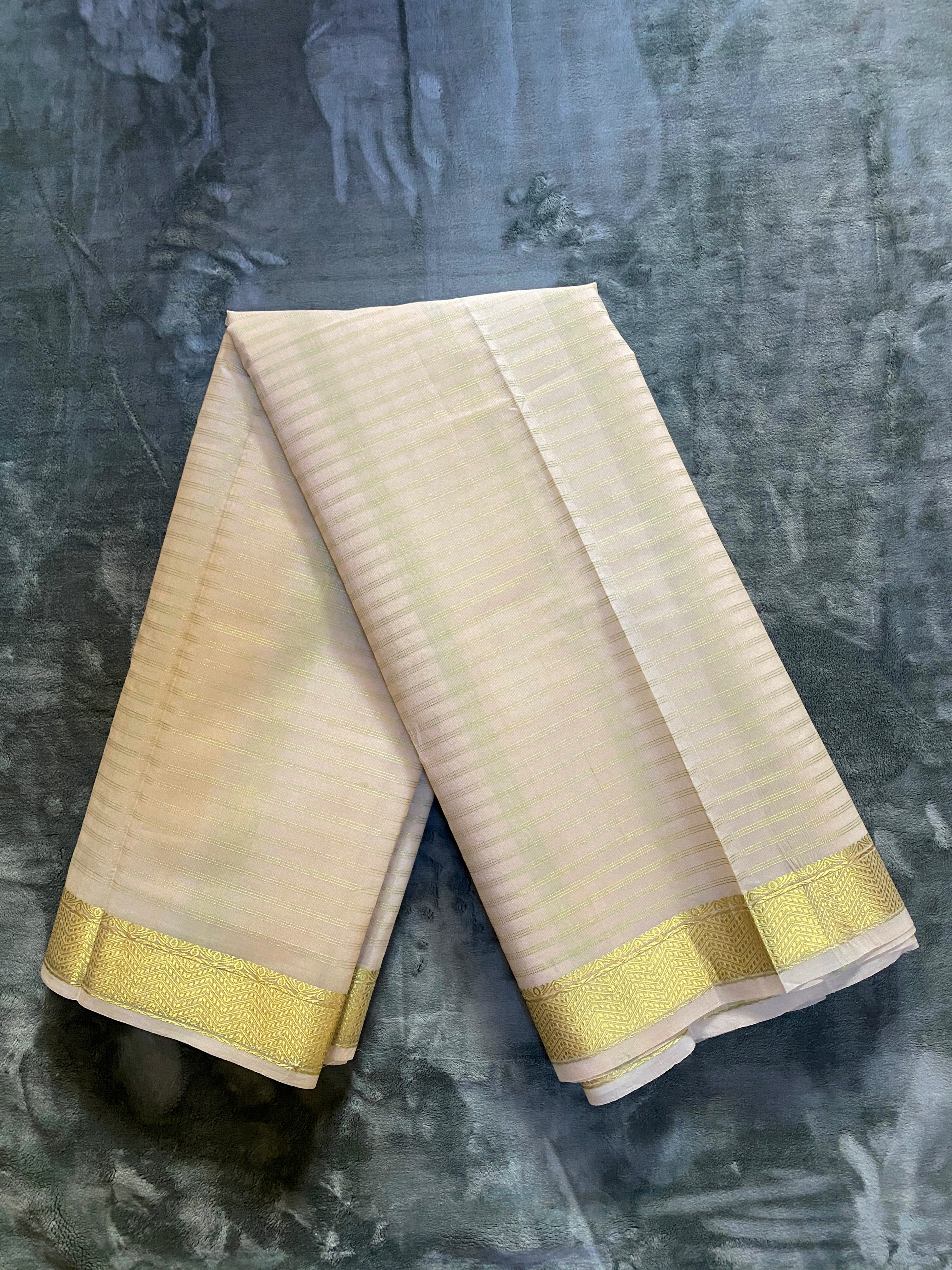 Exquisite Pure Bengaluru Silk Crepe Saree with Gold Zari Border | Three Line Stripes